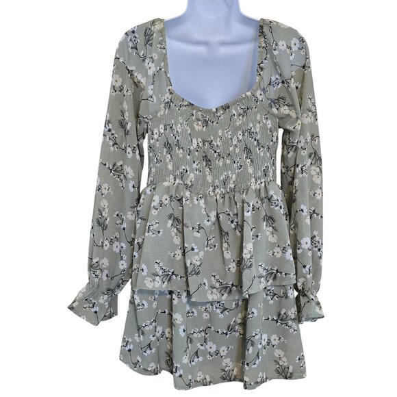 Green Floral Long Sleeve Boho Dress Cute Tiered peasant cottagecore flower power - Picture 2 of 9